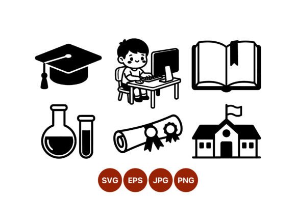Boy Studying Education Icons Black White