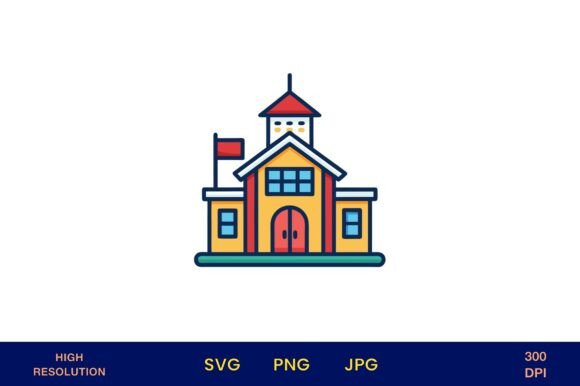 Bright School House Icon in Flat Vector