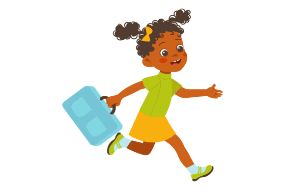 Funny Kid Runs to School: The Visual Language of a Cute Student with Bag