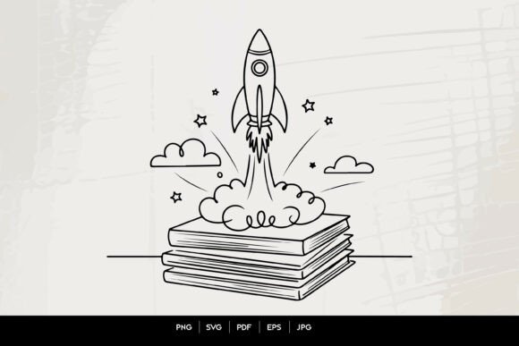 Rocket Launching from Book Stack: Symbol of Growth