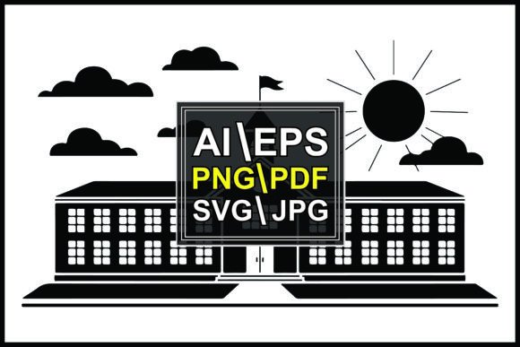 Silhouettes School Building Sun Clouds: A Minimalist Design Asset