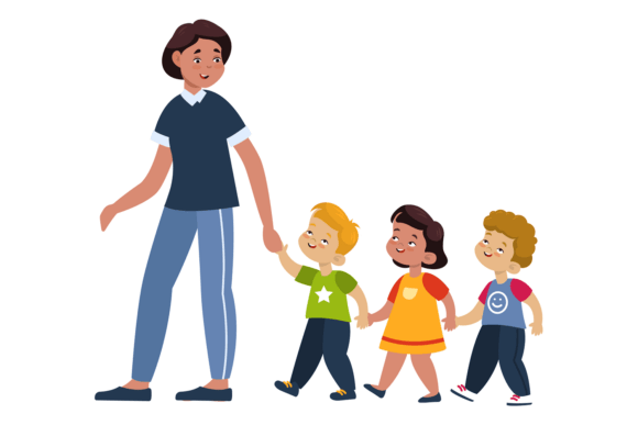 Teacher Takes Children for Walk Holding Hands